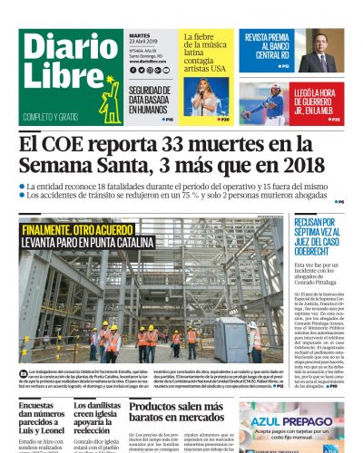 Portada Periódico Diario Libre, Martes 23 Abril 2019