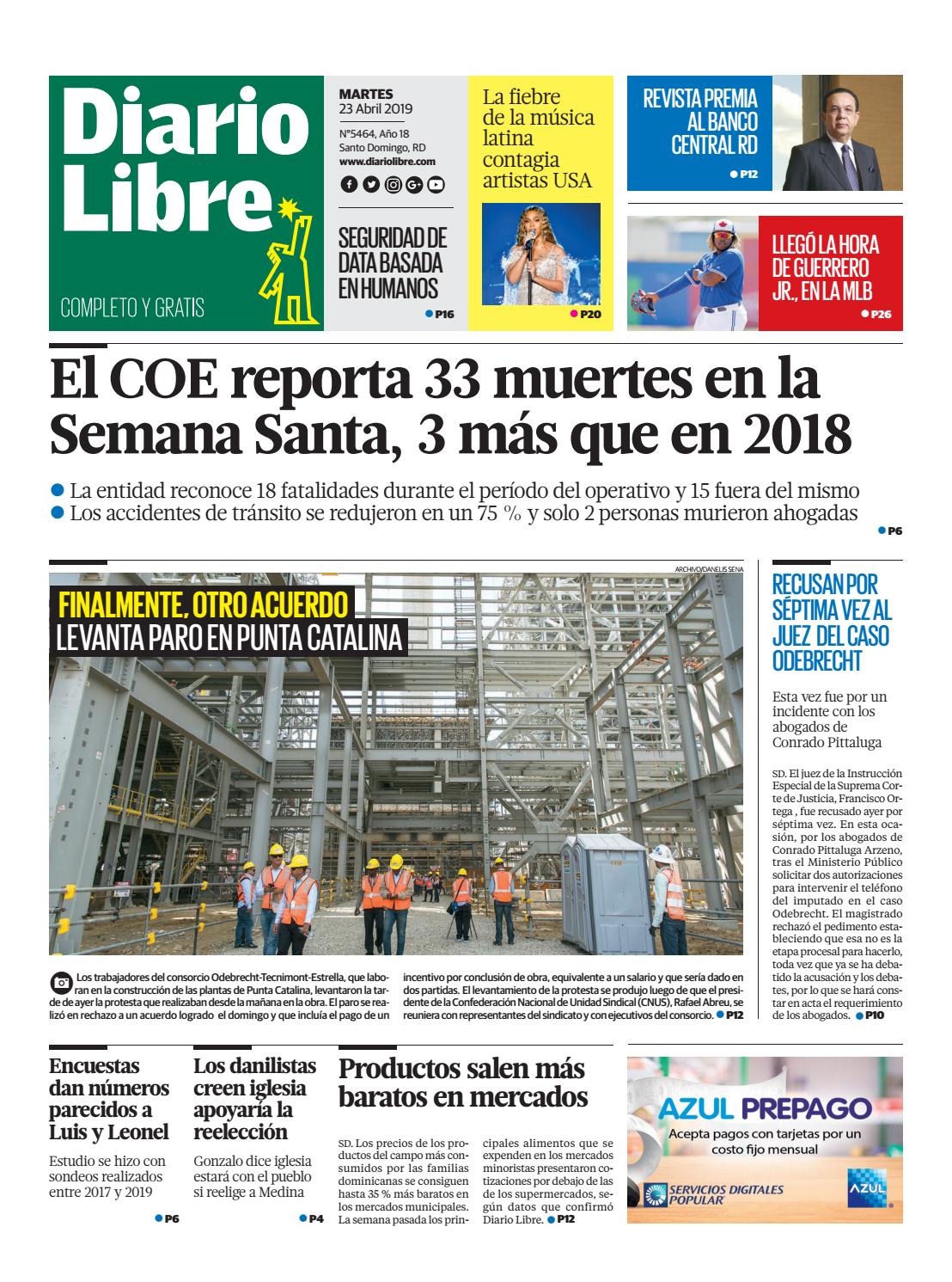 Portada Periódico Diario Libre, Martes 23 Abril 2019