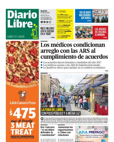 Portada Periódico Diario Libre, Martes 30 Abril 2019