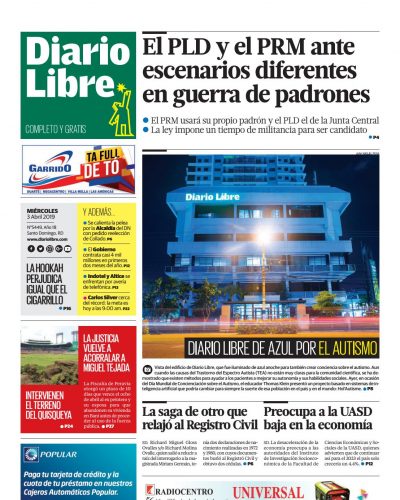 Portada Periódico Diario Libre, Miércoles 03 Abril 2019