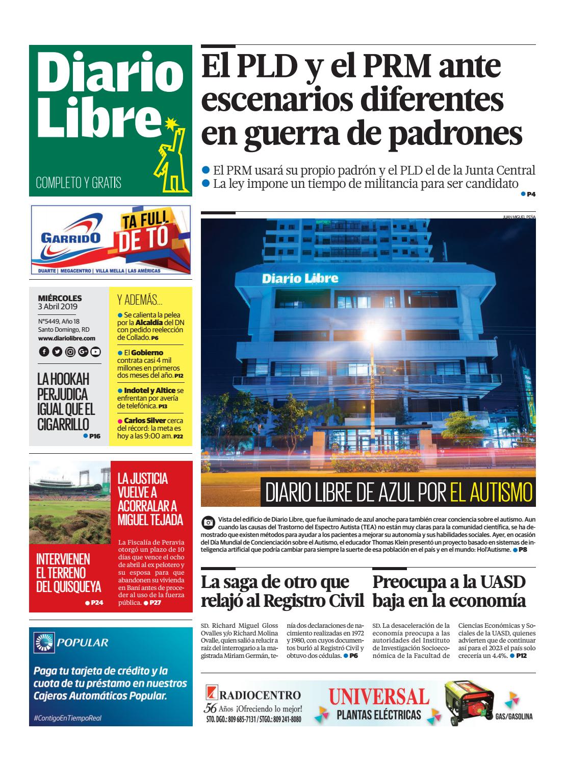 Portada Periódico Diario Libre, Miércoles 03 Abril 2019
