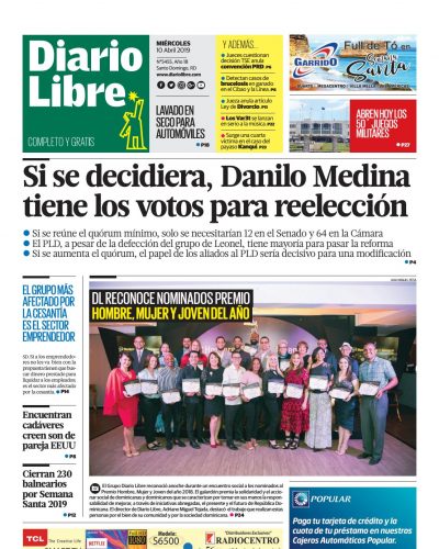 Portada Periódico Diario Libre, Miércoles 10 Abril 2019