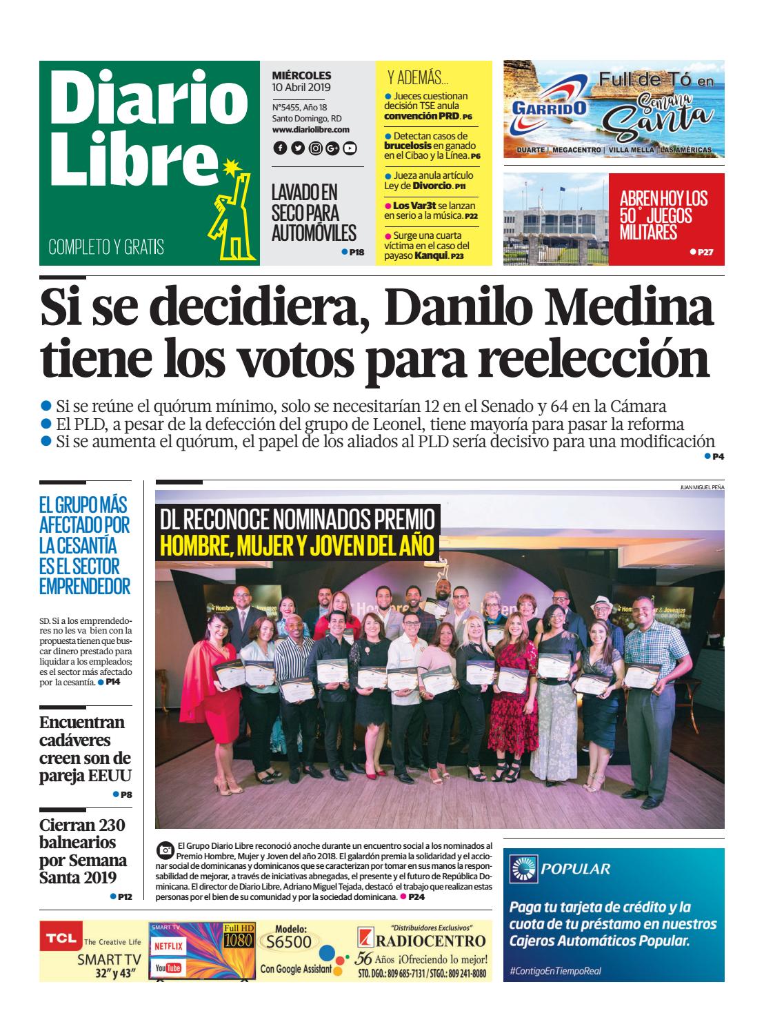 Portada Periódico Diario Libre, Miércoles 10 Abril 2019