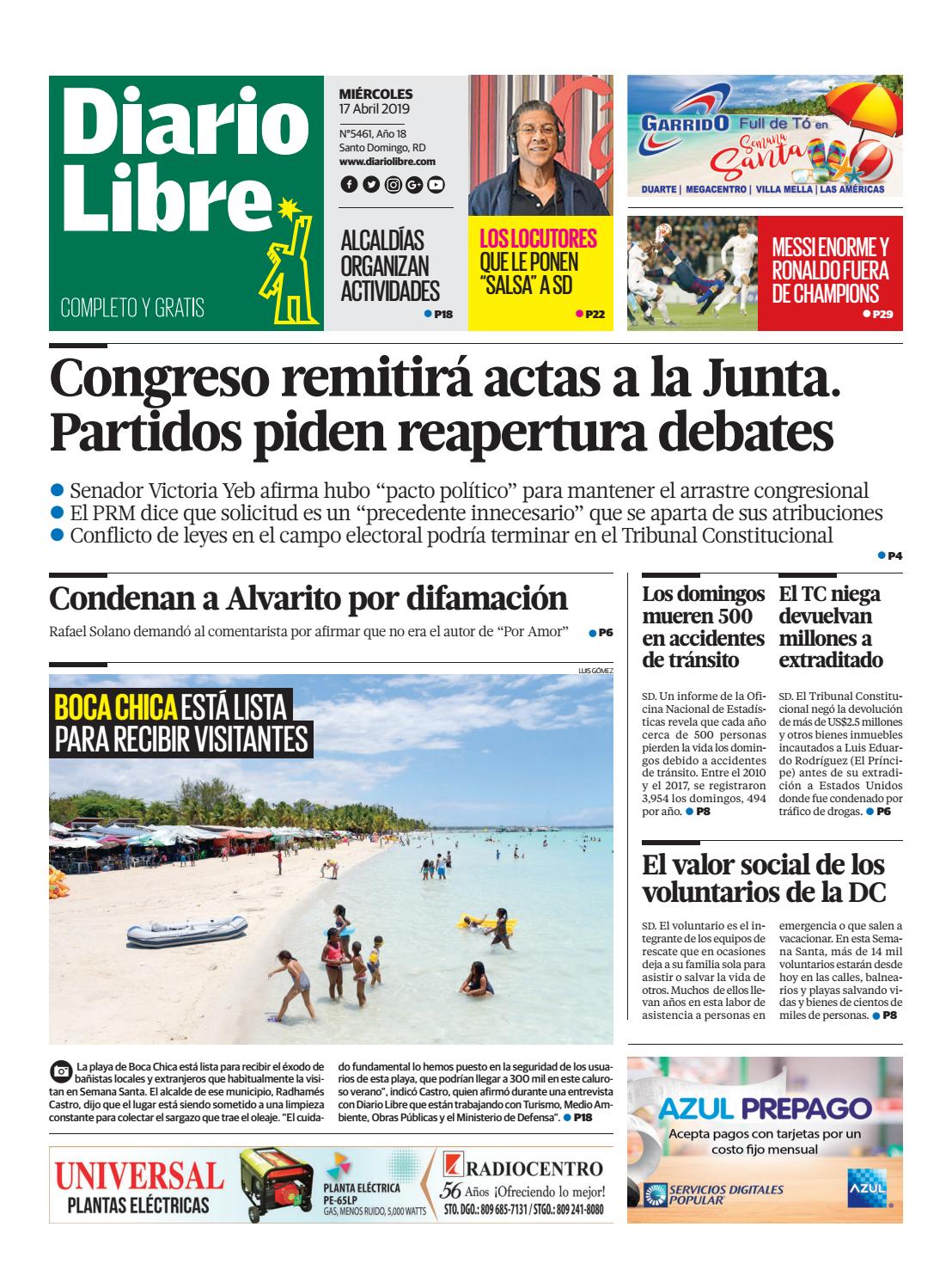 Portada Periódico Diario Libre, Miércoles 17 Abril 2019