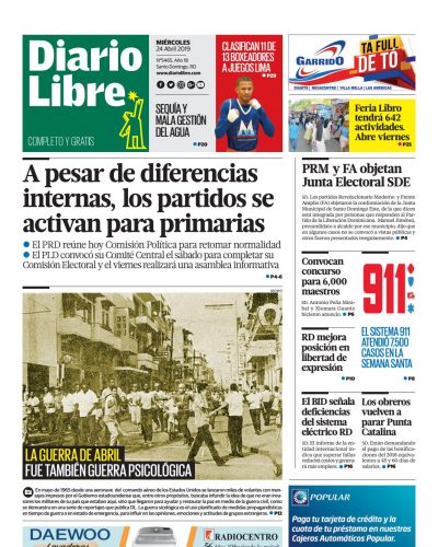 Portada Periódico Diario Libre, Miércoles 24 Abril 2019