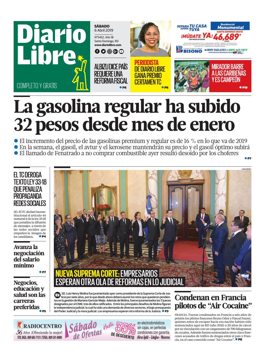 Portada Periódico Diario Libre, Sábado 06 Abril 2019
