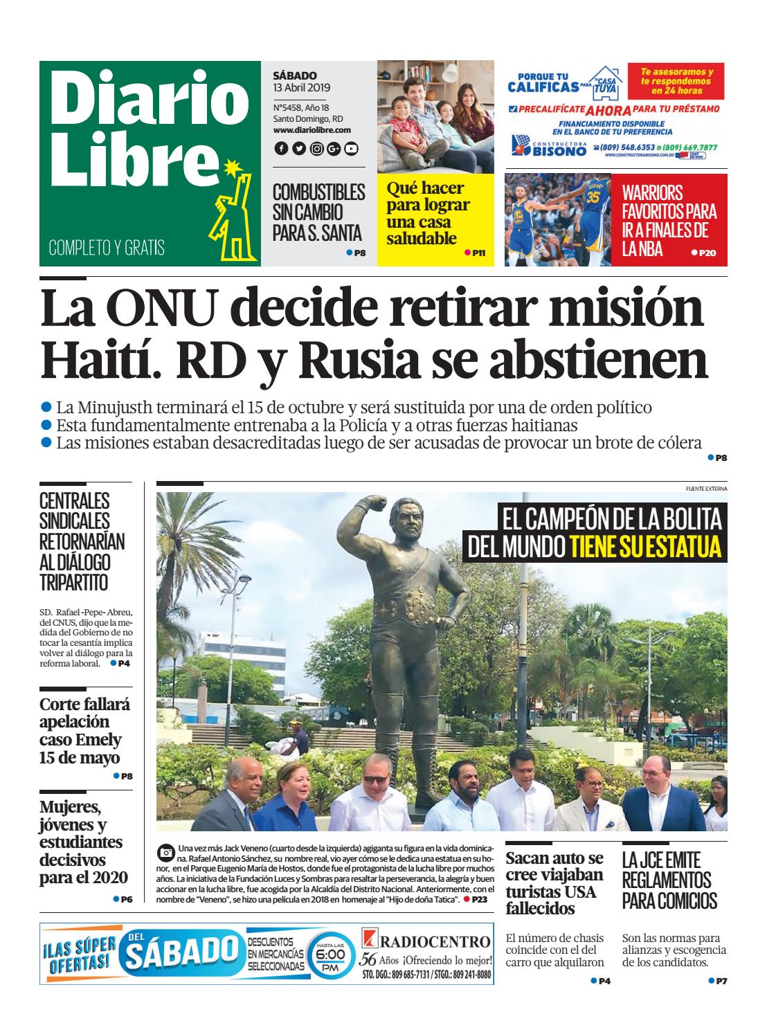 Portada Periódico Diario Libre, Sábado 13 Abril 2019