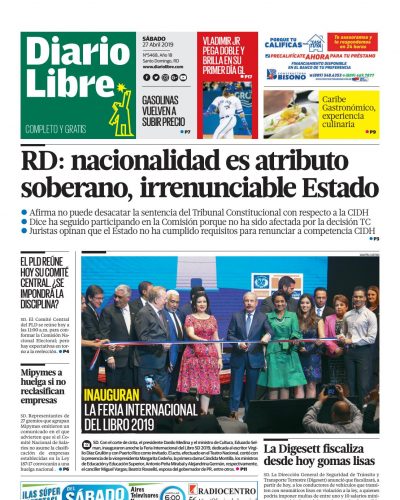 Portada Periódico Diario Libre, Sábado 27 Abril 2019