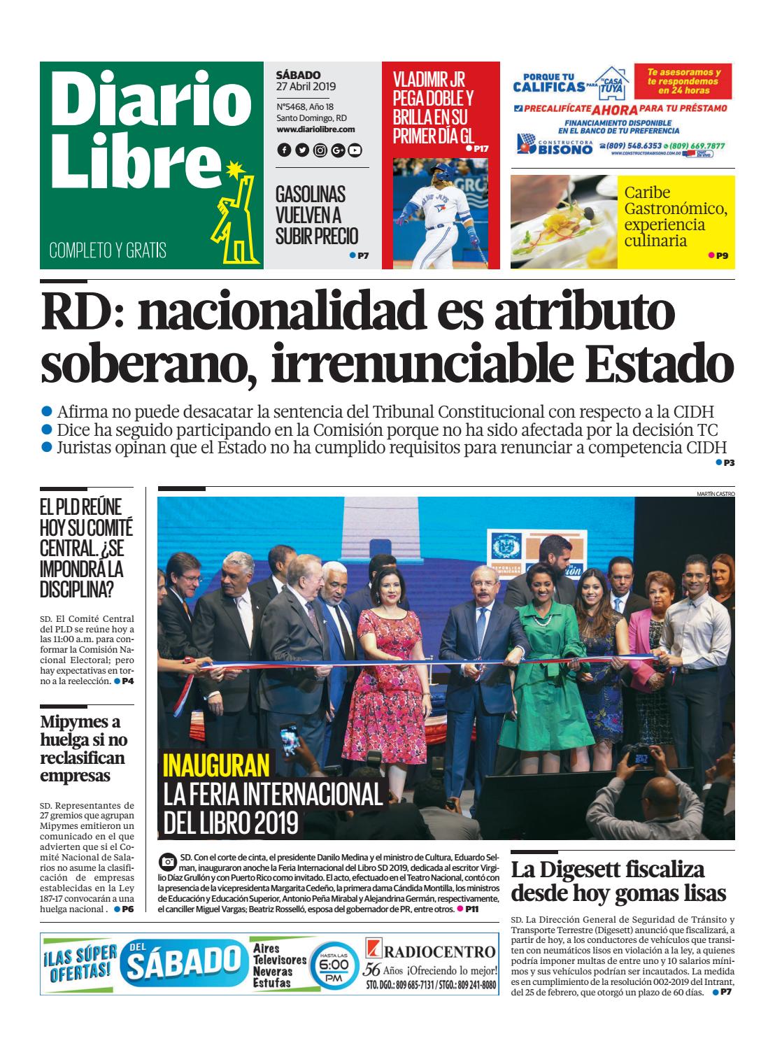 Portada Periódico Diario Libre, Sábado 27 Abril 2019