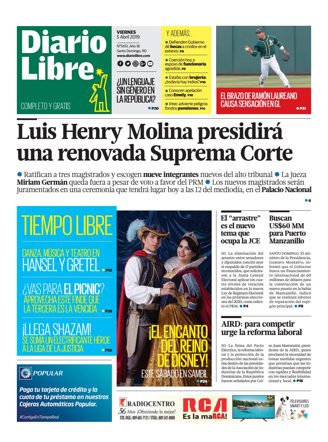 Portada Periódico Diario Libre, Viernes 05 Abril 2019