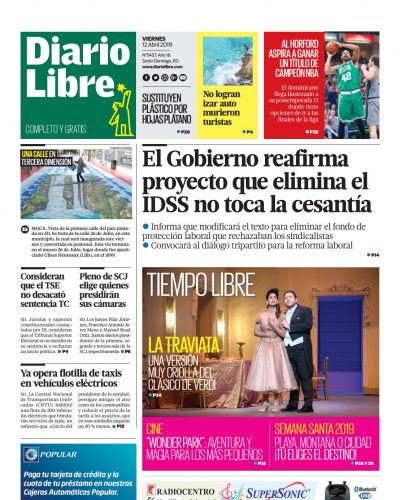 Portada Periódico Diario Libre, Viernes 12 Abril 2019