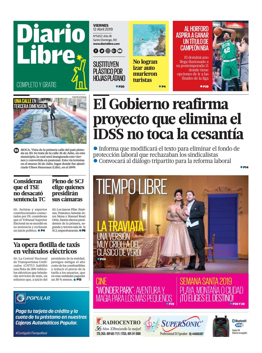 Portada Periódico Diario Libre, Viernes 12 Abril 2019