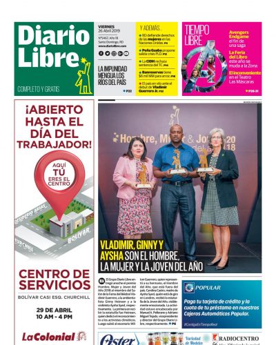 Portada Periódico Diario Libre, Viernes 26 Abril 2019