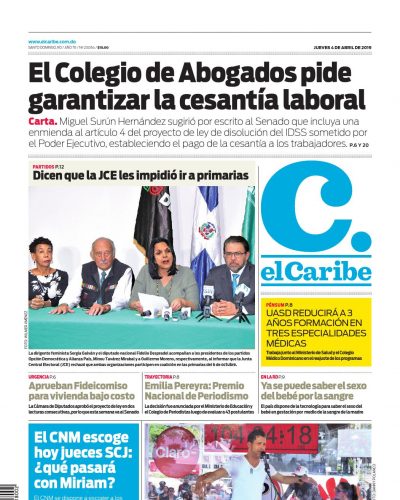 Portada Periódico El Caribe, Jueves 04 Abril 2019