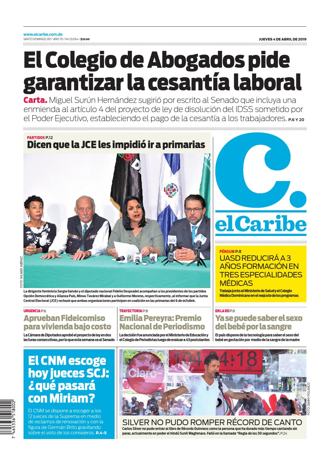 Portada Periódico El Caribe, Jueves 04 Abril 2019