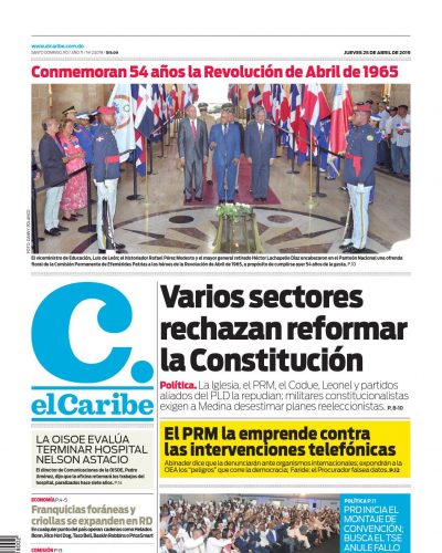 Portada Periódico El Caribe, Jueves 25 Abril 2019