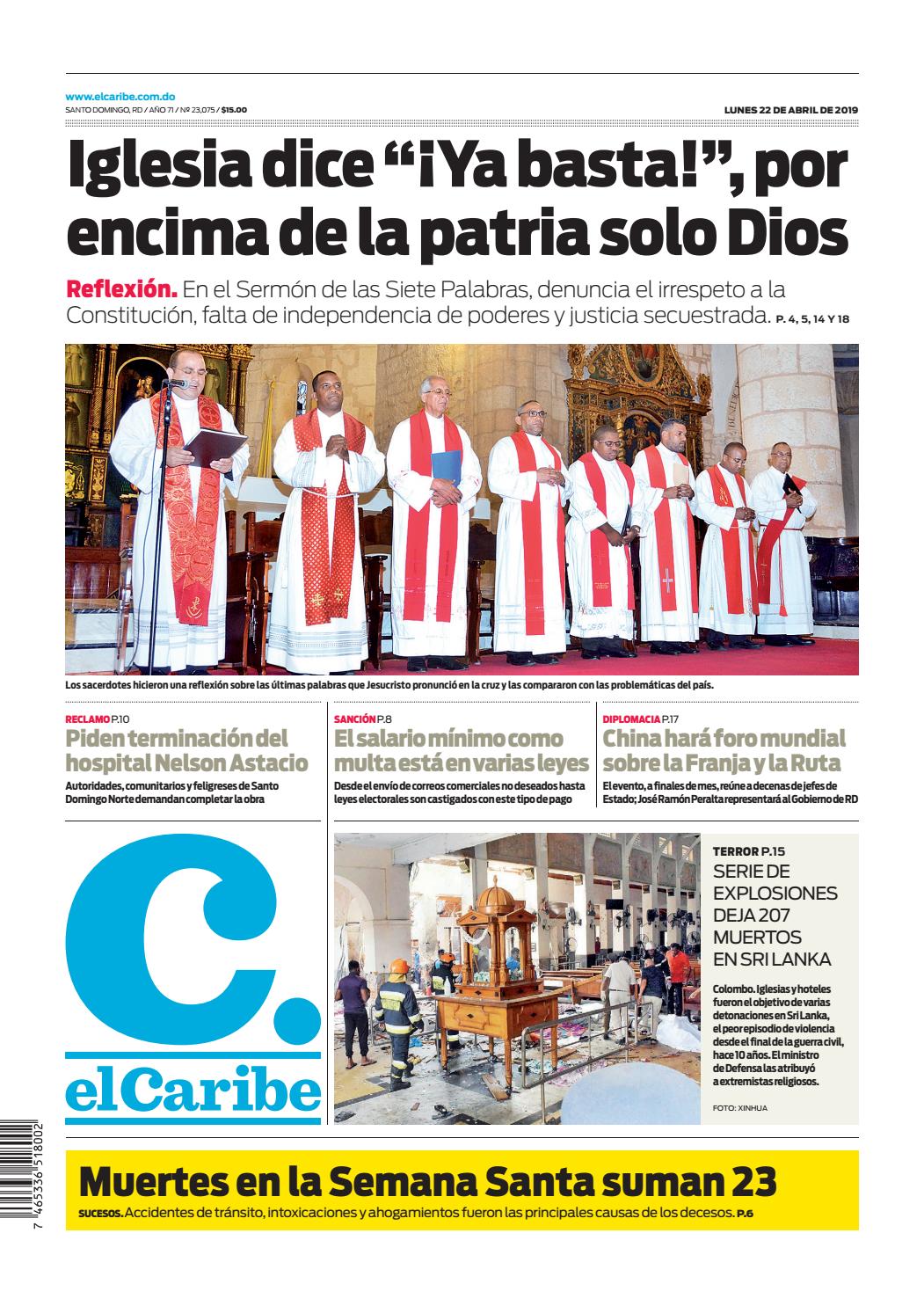 Portada Periódico El Caribe, Lunes 22 Abril 2019