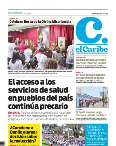 Portada Periódico El Caribe, Lunes 29 Abril 2019