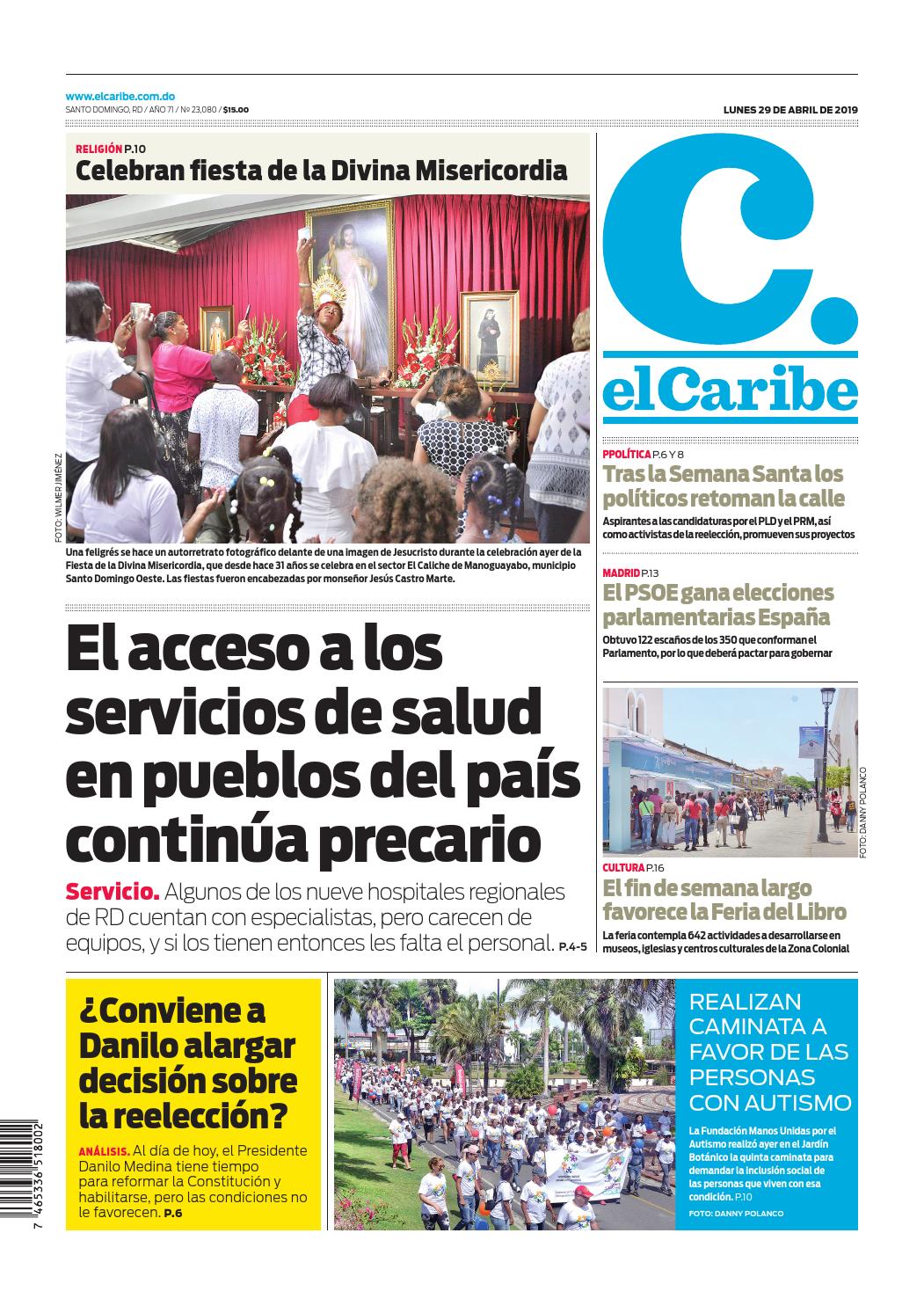 Portada Periódico El Caribe, Lunes 29 Abril 2019