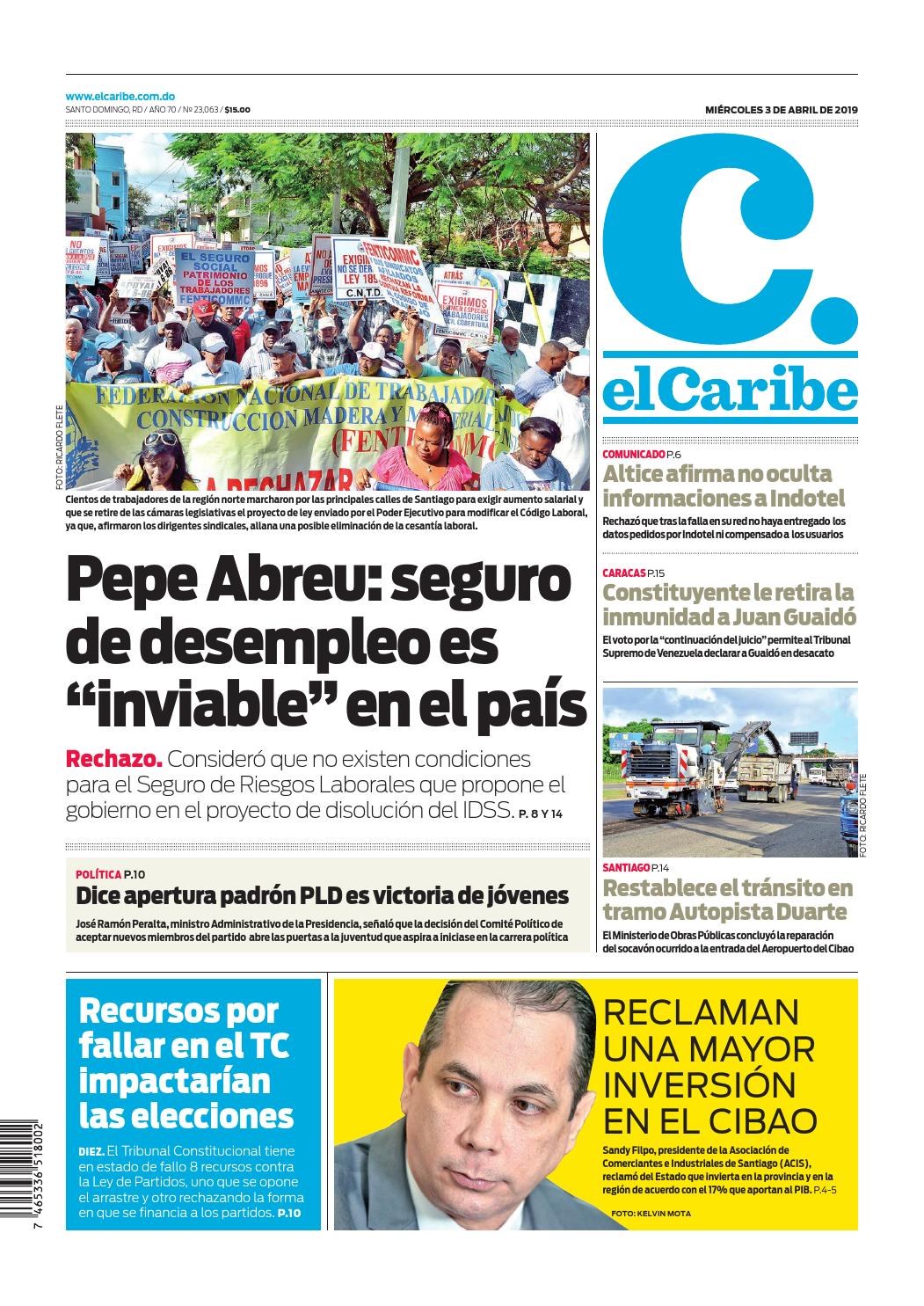 Portada Periódico El Caribe, Miércoles 03 Abril 2019