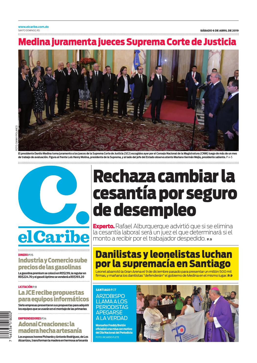 Portada Periódico El Caribe, Sábado 06 Abril 2019