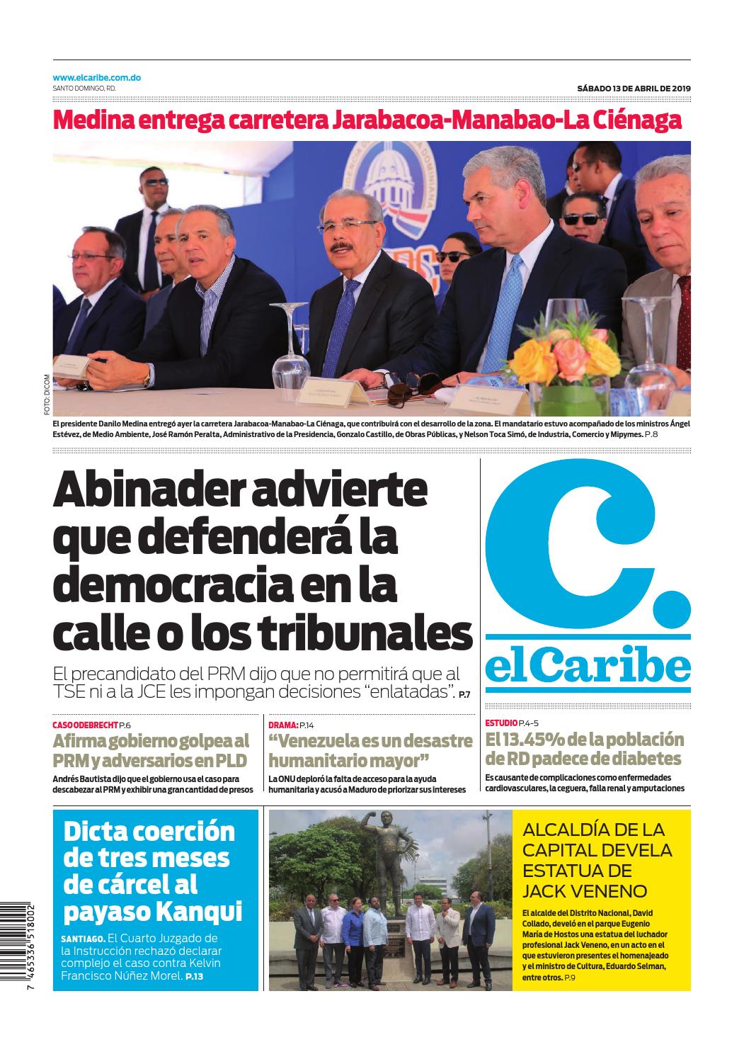 Portada Periódico El Caribe, Sábado 13 Abril 2019