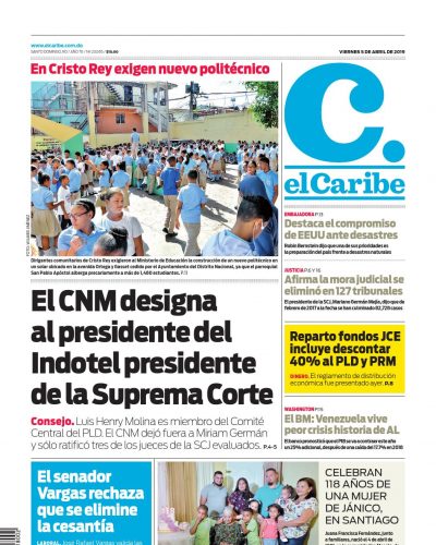 Portada Periódico El Caribe, Viernes 05 Abril 2019