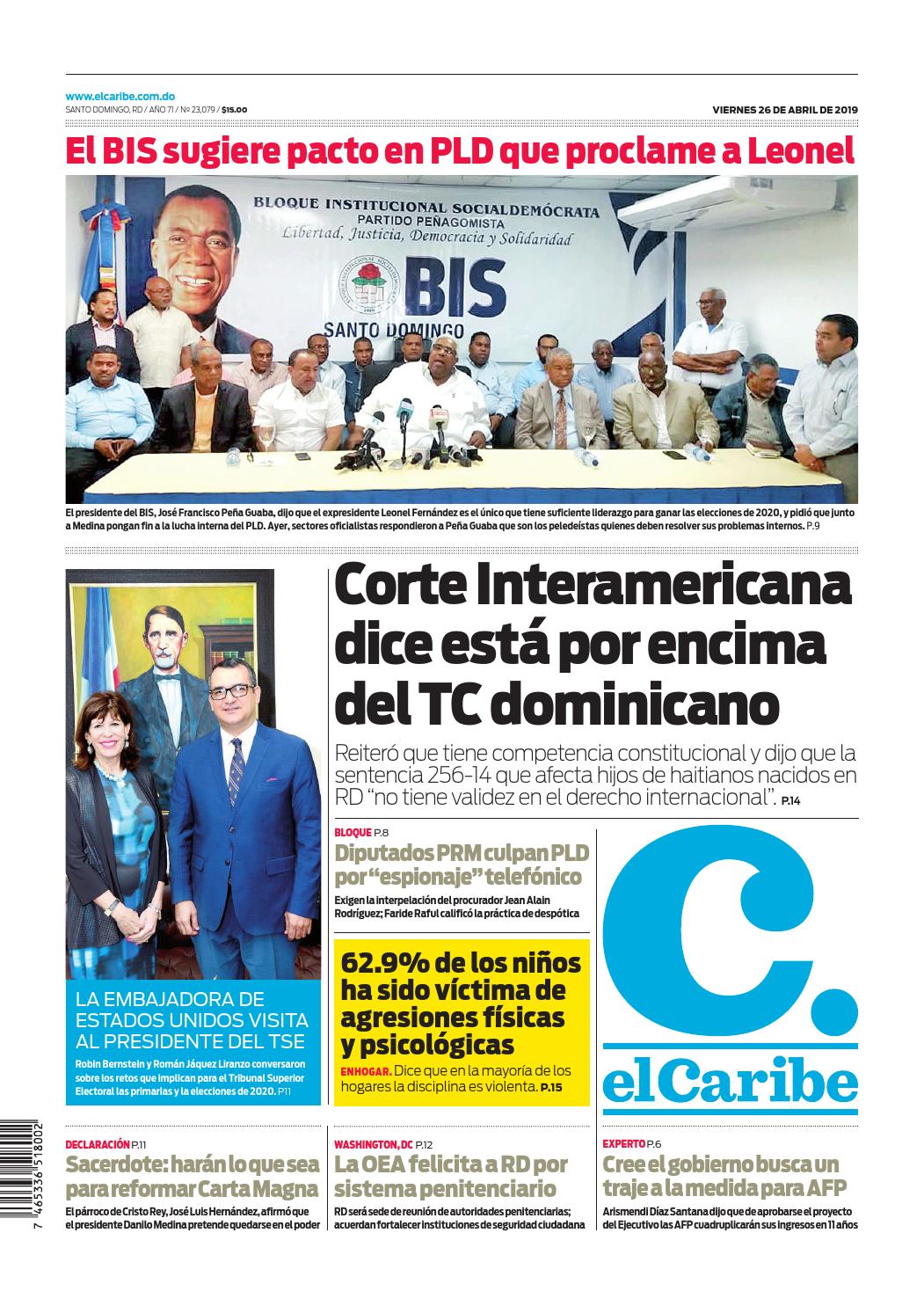 Portada Periódico El Caribe, Viernes 26 Abril 2019