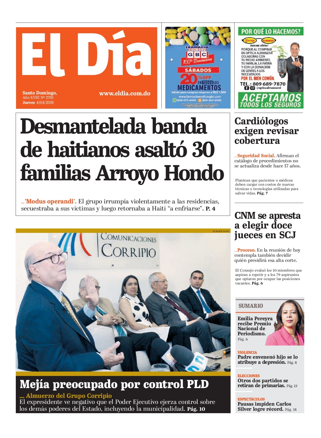Portada Periódico El Día, Jueves 04 Abril 2019
