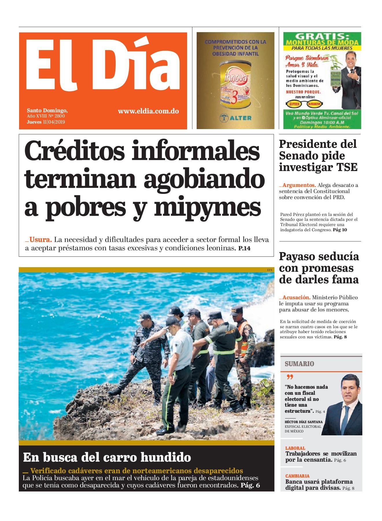 Portada Periódico El Día, Jueves 11 Abril 2019