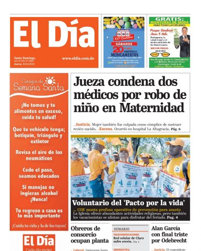 Portada Periódico El Día, Jueves 18 Abril 2019