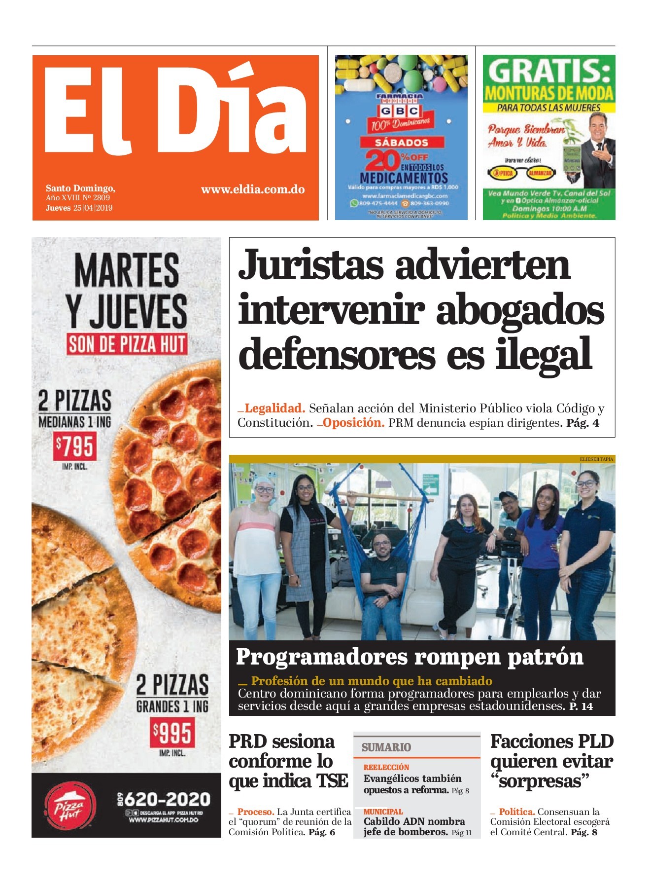 Portada Periódico El Día, Jueves 25 Abril 2019