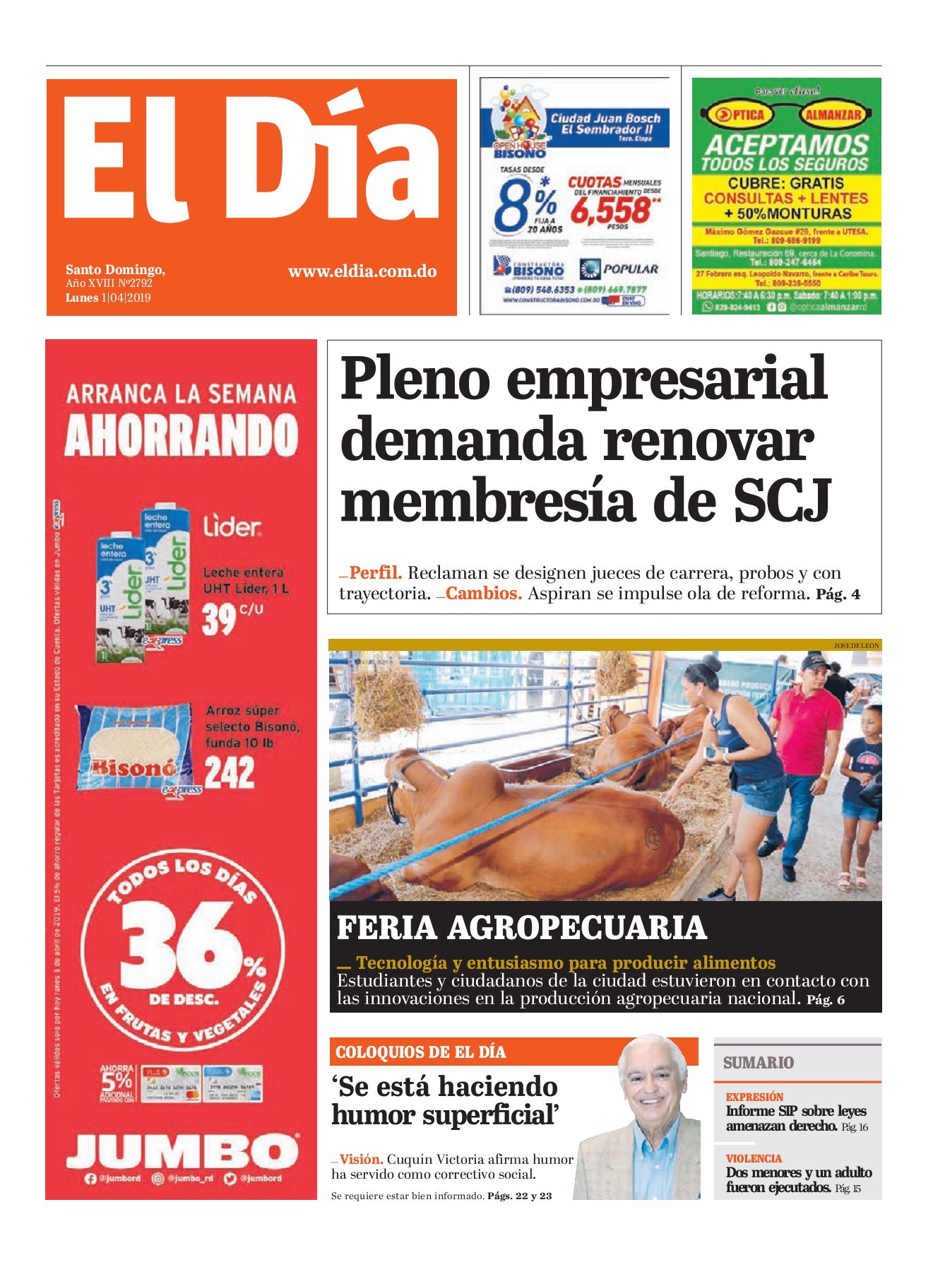 Portada Periódico El Día, Lunes 01 Abril 2019