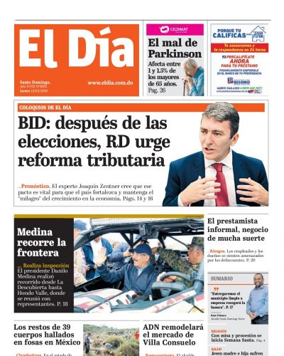 Portada Periódico El Día, Lunes 15 Abril 2019
