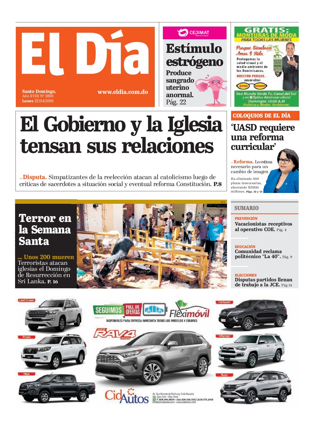 Portada Periódico El Día, Lunes 22 Abril 2019