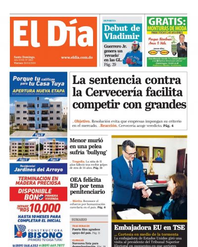 Portada Periódico El Día, Lunes 29 Abril 2019