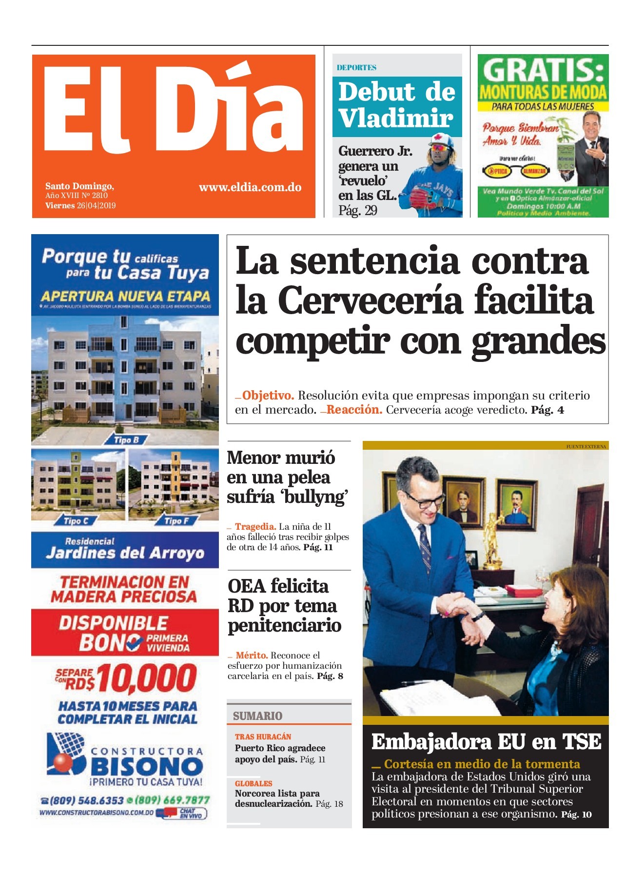 Portada Periódico El Día, Lunes 29 Abril 2019
