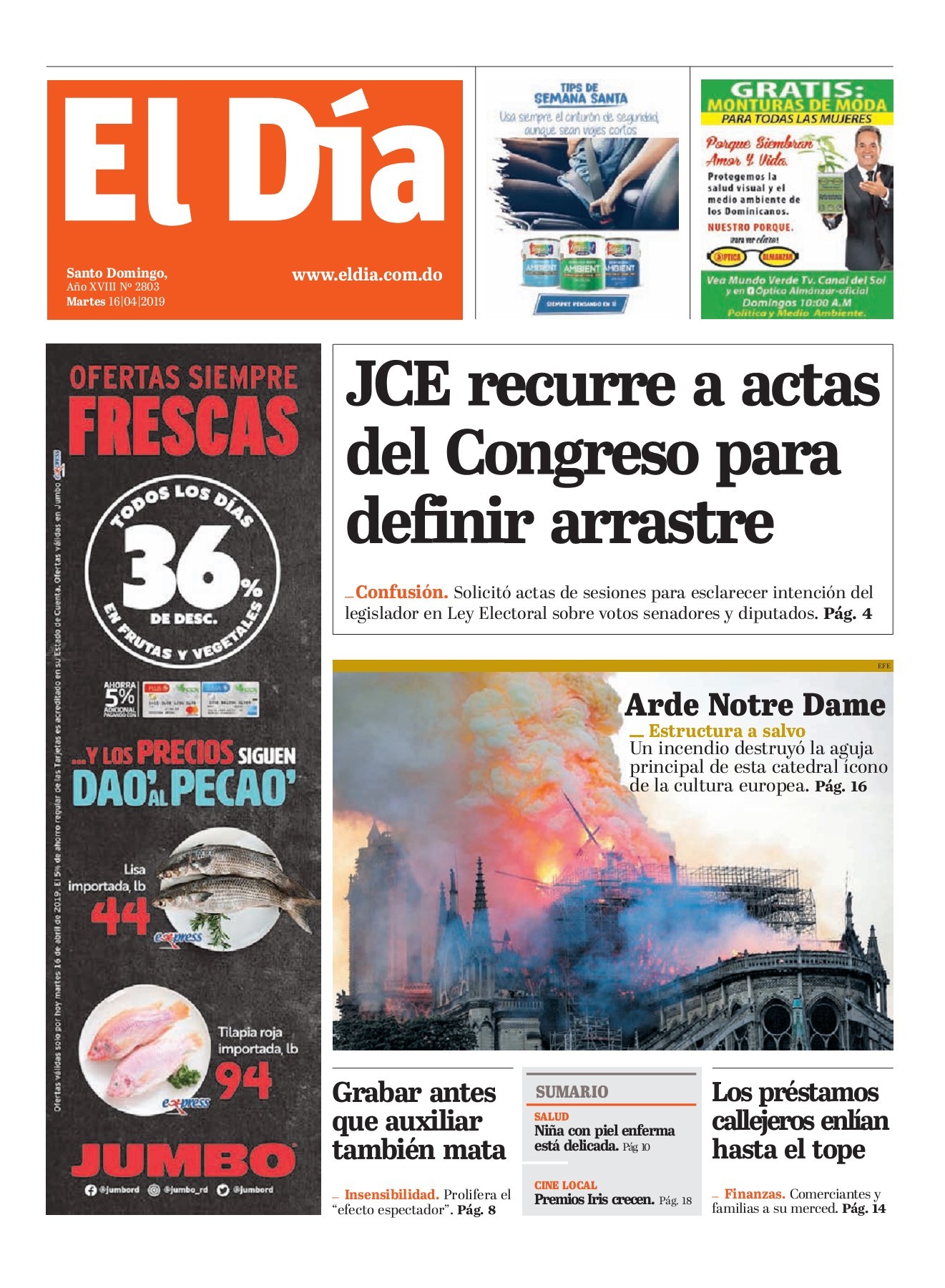 Portada Periódico El Día, Martes 16 Abril 2019