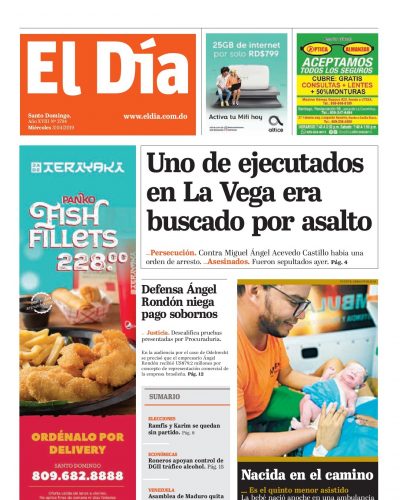 Portada Periódico El Día, Miércoles 03 Abril 2019