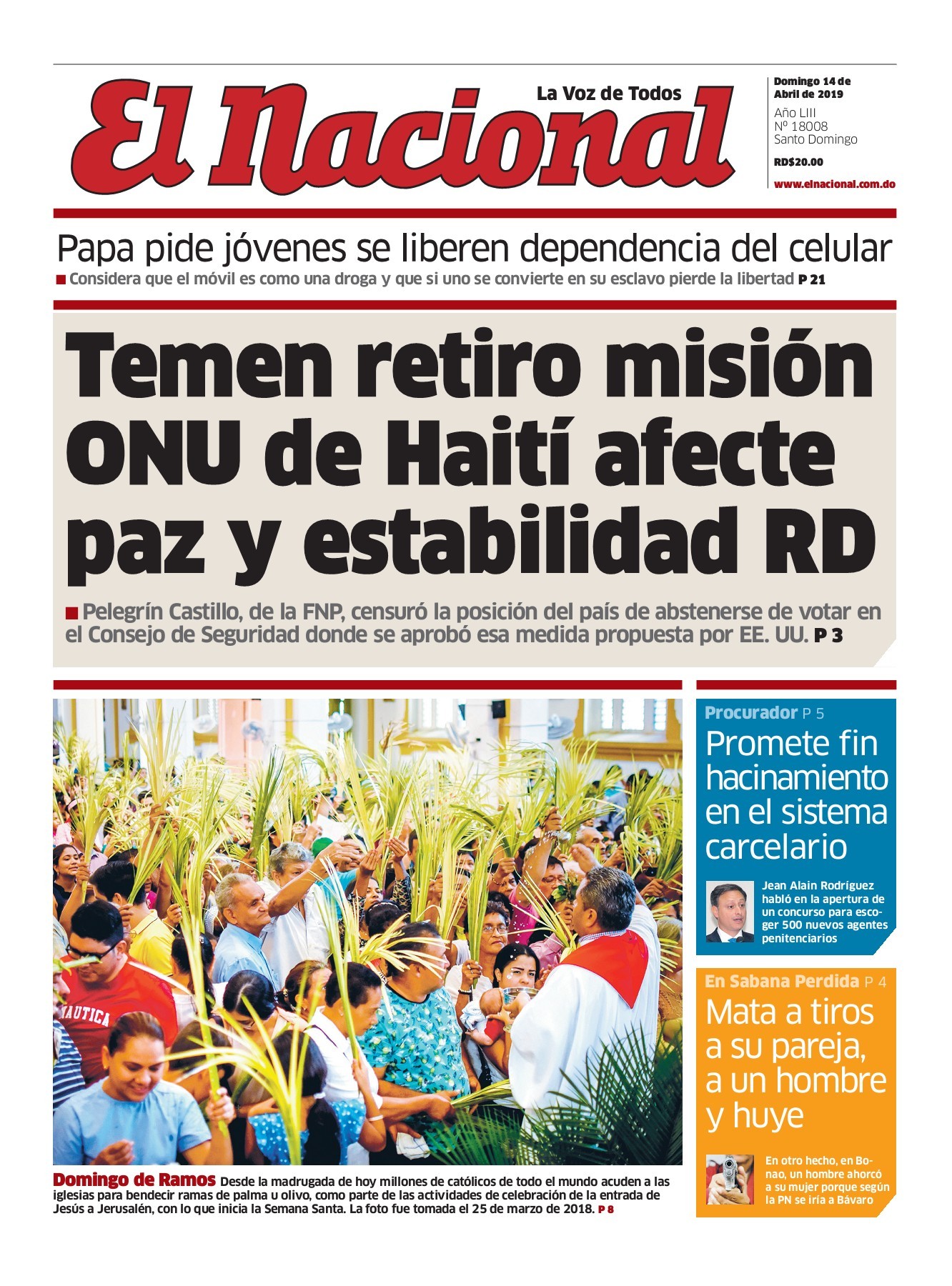 Portada Periódico El Nacional, Domingo 14 Abril 2019