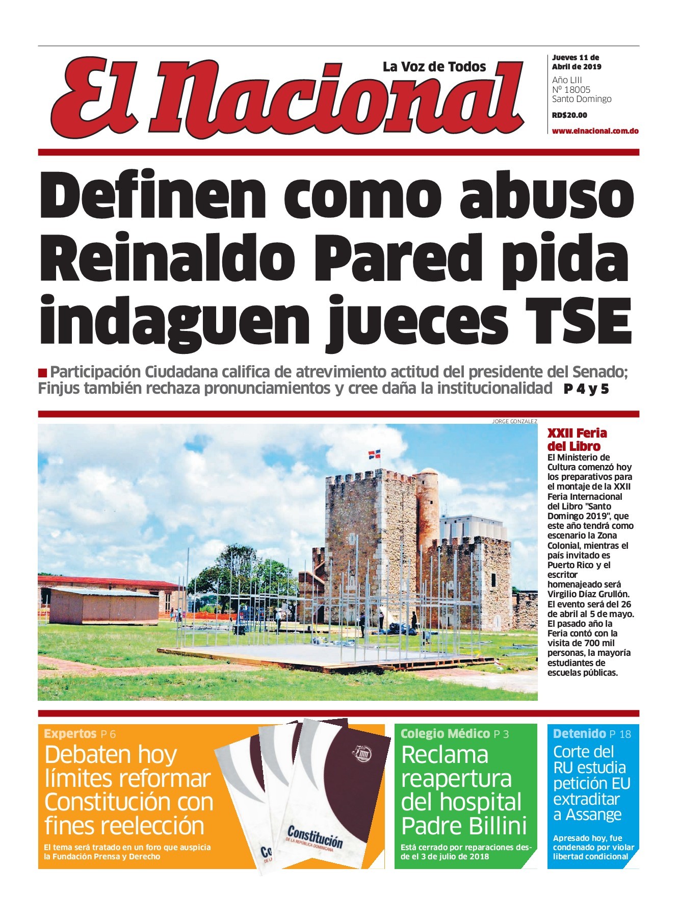 Portada Periódico El Nacional, Jueves 11 Abril 2019