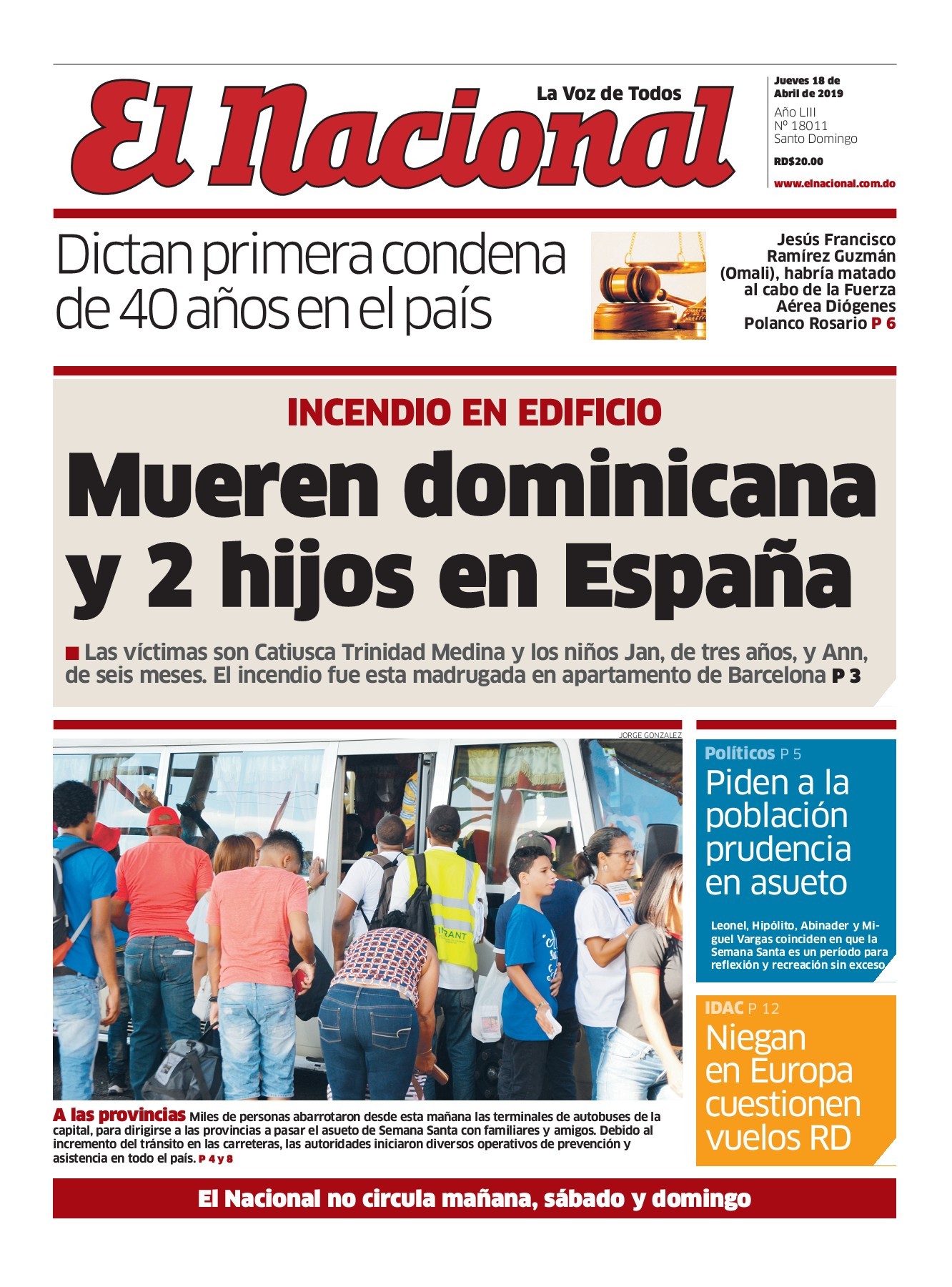 Portada Periódico El Nacional, Jueves 18 Abril 2019