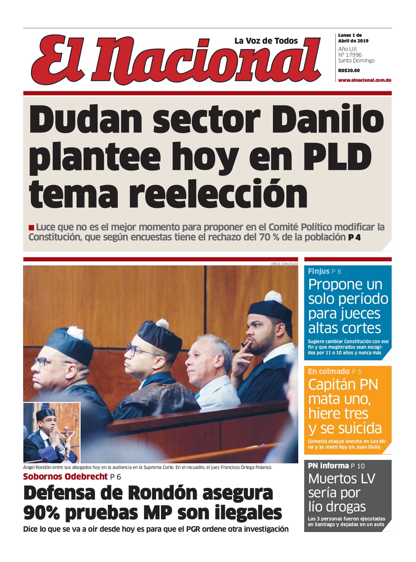 Portada Periódico El Nacional, Lunes 01 Abril 2019
