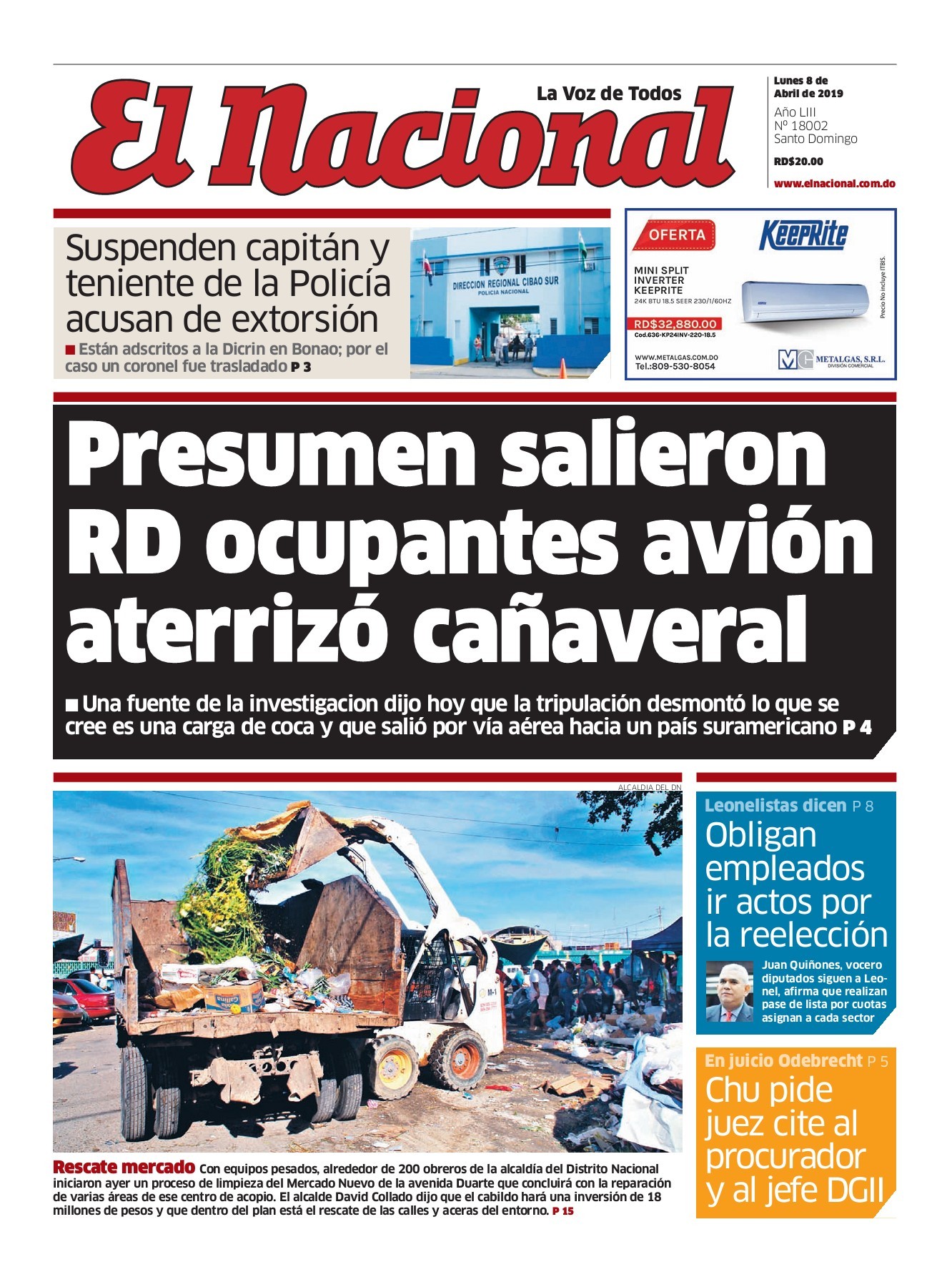 Portada Periódico El Nacional, Lunes 08 Abril 2019