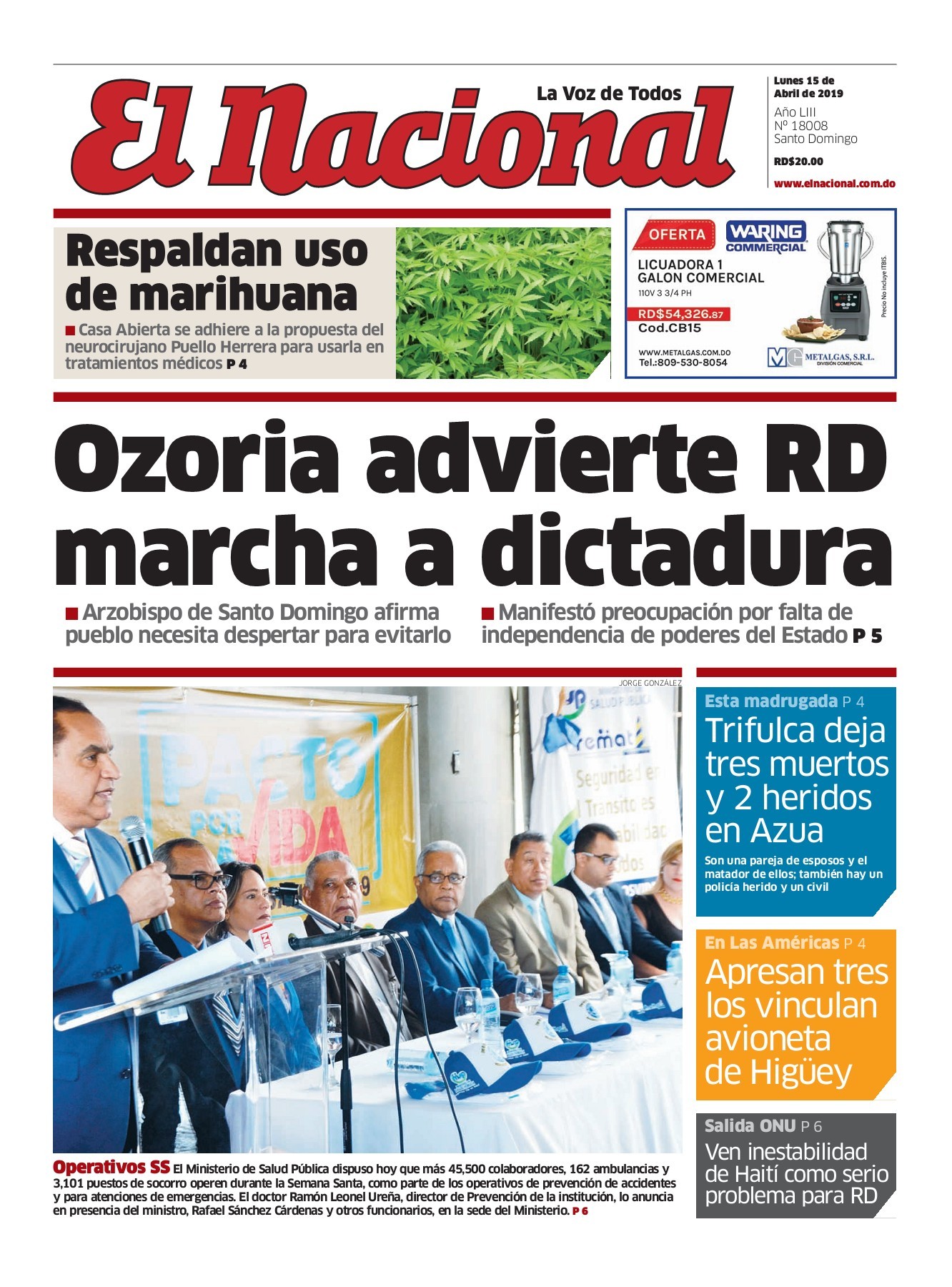 Portada Periódico El Nacional, Lunes 15 Abril 2019