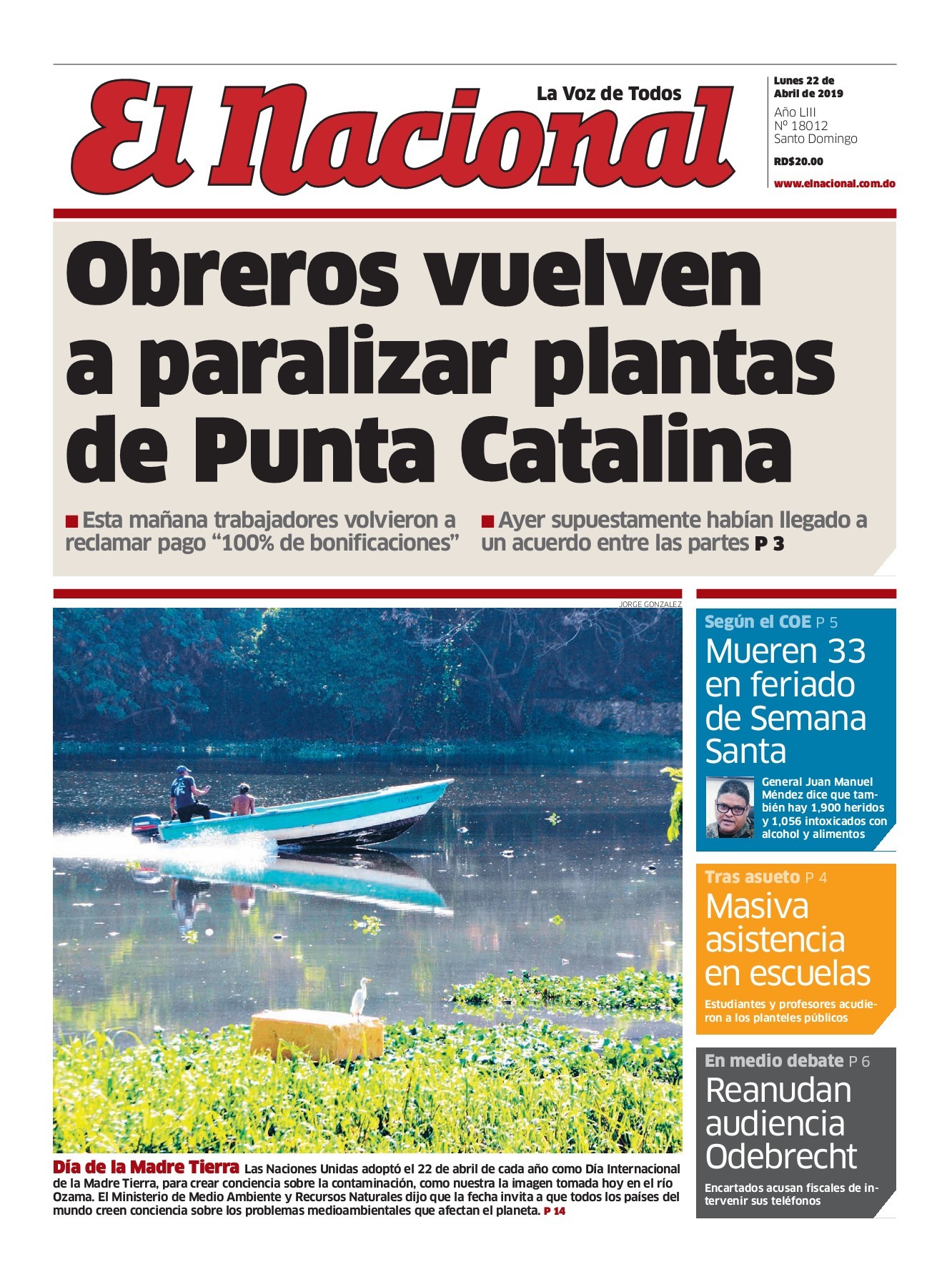 Portada Periódico El Nacional, Lunes 22 Abril 2019