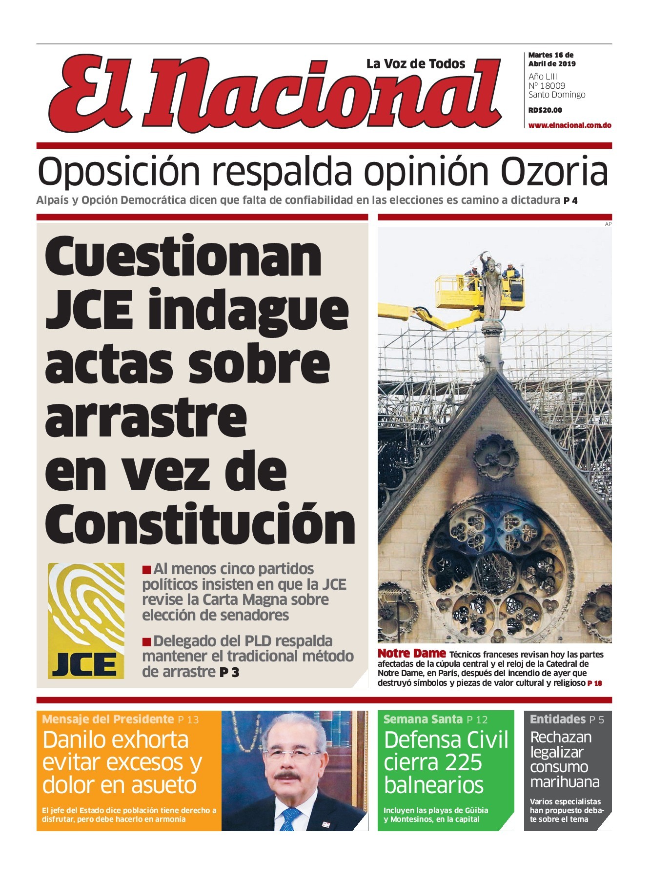 Portada Periódico El Nacional, Martes 16 Abril 2019