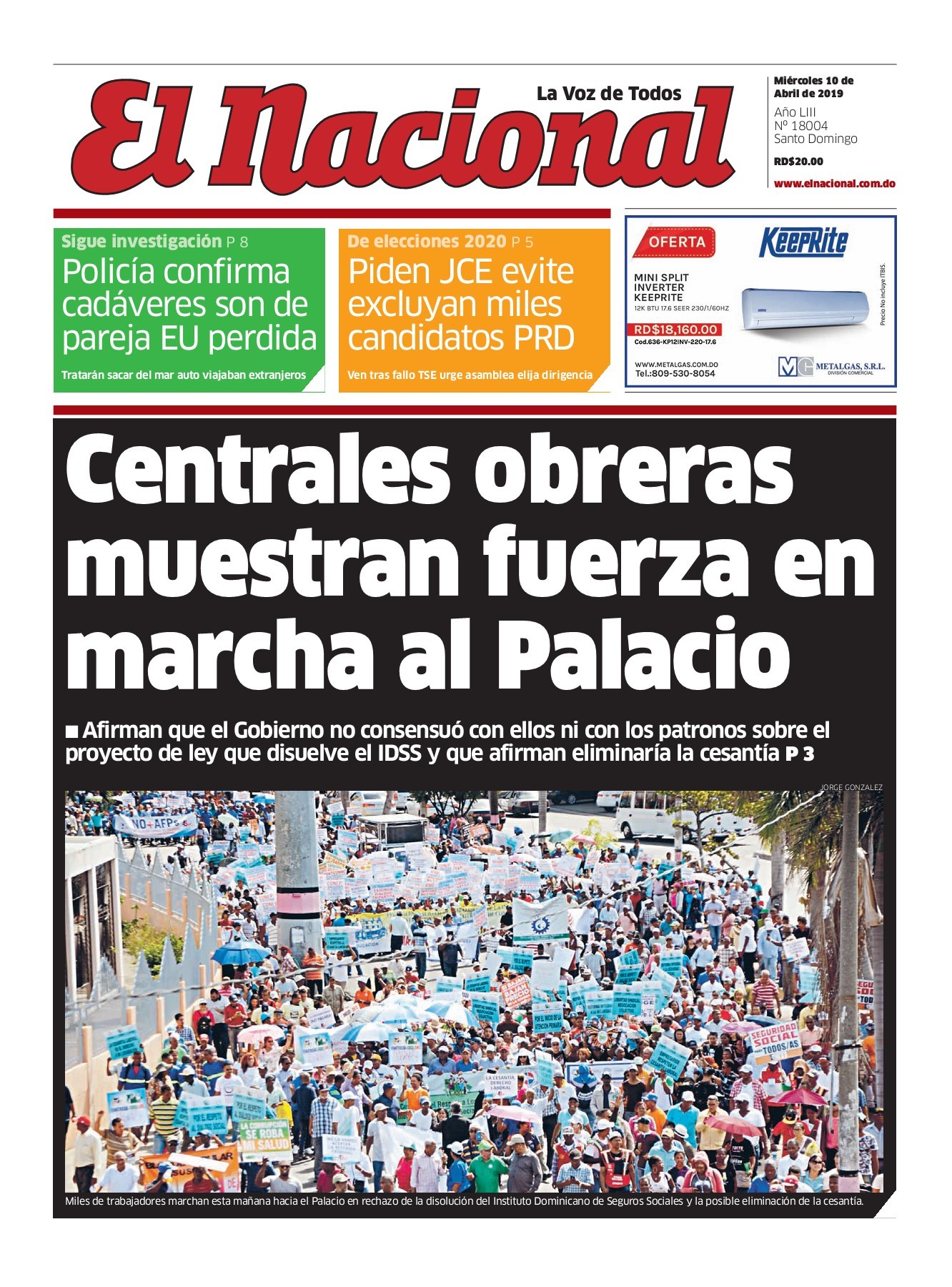 Portada Periódico El Nacional, Miércoles 10 Abril 2019