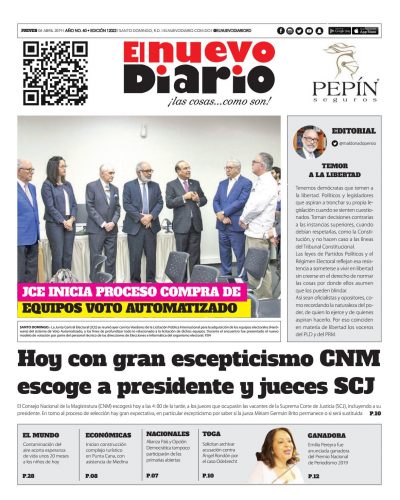 Portada Periódico El Nuevo Diario, Jueves 04 Abril 2019