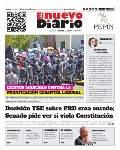Portada Periódico El Nuevo Diario, Jueves 11 Abril 2019